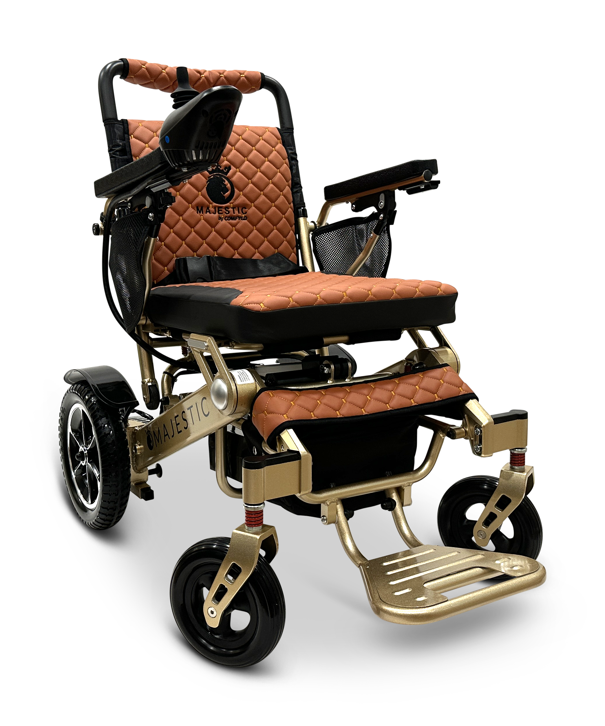 The MAJESTIC IQ-7000 Electric Wheelchair features lightweight, auto-folding design with gold and orange quilted upholstery, a sturdy metal frame, black-armrest cushioned seat, and small front wheels for agility. A 360-degree joystick on the right arm provides seamless control.